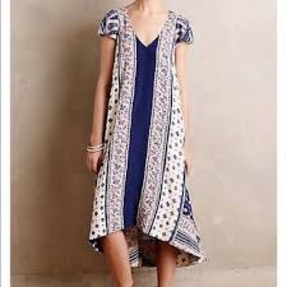 Anthropologie cap sleeve navy blue, pink and white patterned flowy dress - Picture 8 of 13